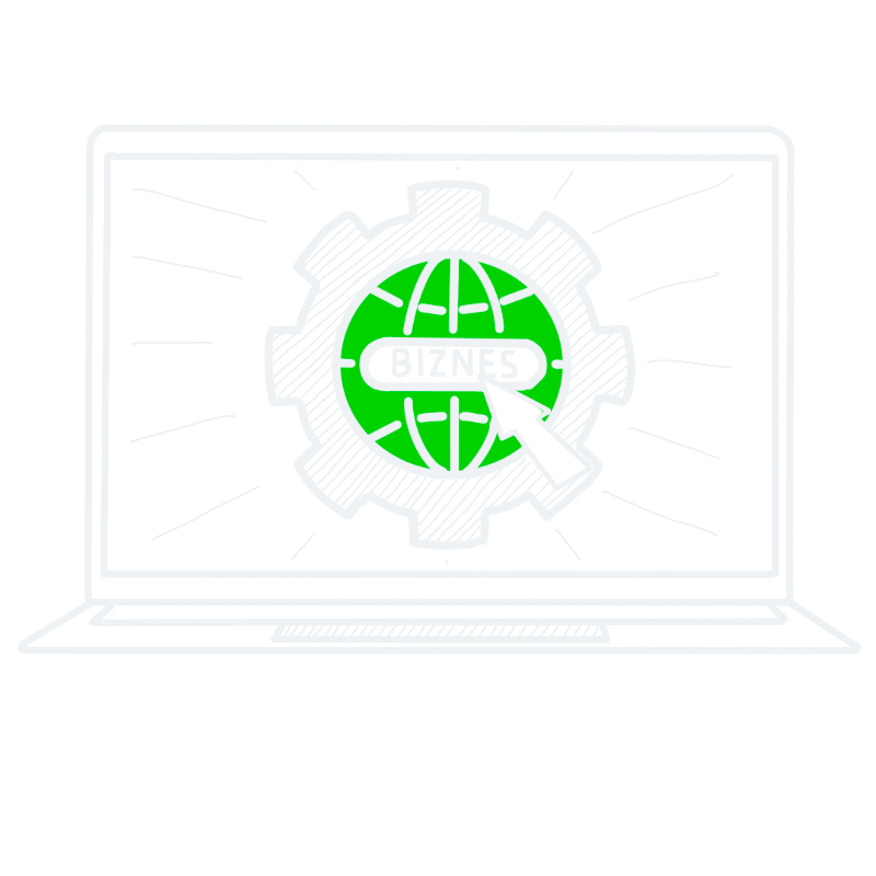 Tworzenie i obsługa Stron Internetowych Otwarty laptop z wyświetlonym na ekranie kołem zębatym z wpisaną w nie siatką geodezyjną symbolizującą tworzenie stron internetowych. Tło transparentne.