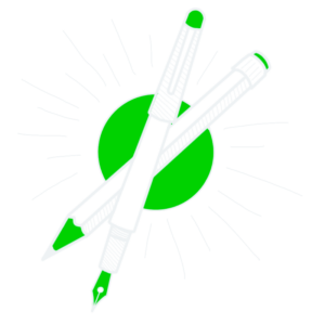 Skrzyżowane pióro oraz ołówek co symbolizuje tworzenie kreatywnych treści za zamówienie. Tło przezroczyste.